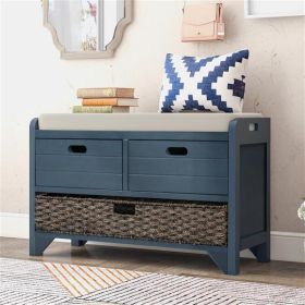 furStorage Bench with Removable Basket and 2 Drawers, Fully Assembled Shoe Bench with Removable Cushion (Navy)