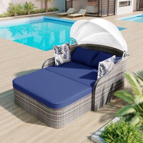 out79.9" Outdoor Sunbed with Adjustable Canopy;  Double lounge;  PE Rattan Daybed (Color: Blue+Grey)